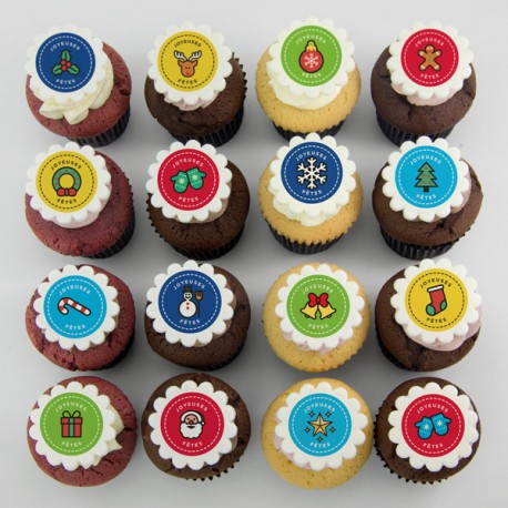 Christmas cupcakes with colourful Christmas icons' illustrations 