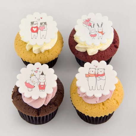 Valentine's Day cupcakes: couples of animals (cats, bunnies, bears, hippos)