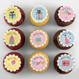 Cupcakes «cadeaux, gâteaux, ballons, coeurs» pour anniversaire 