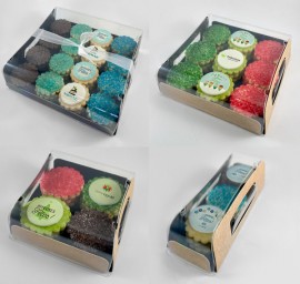 Personalized corporate gift boxes: Shortbread cookies with edible printing on homemade fondant