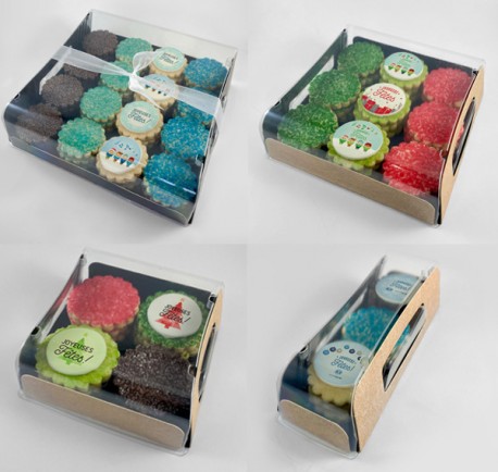 Personalized corporate gift boxes: Shortbread cookies with edible printing on homemade fondant